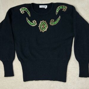 Outlander Vintage Lambswool Angora Sweater Women's Medium Beaded Black Gold